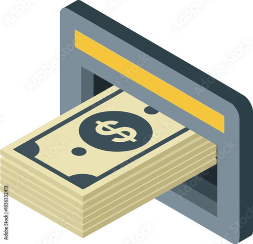 A stack of US dollar bills being dispensed from a financial machine, symbolizing cash withdrawal or payment.
