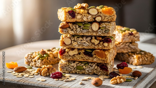 A stack of delicious homemade granola bars packed with nuts seeds and dried fruits