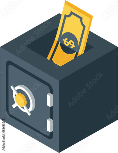 A detailed illustration of a safe with a dollar bill inserted inside, representing finance.