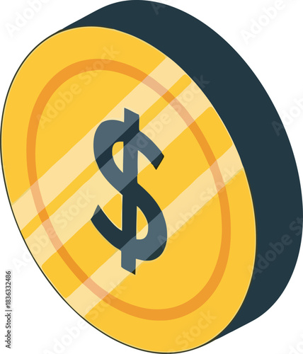 Isometric coin with dollar sign, representing finance and currency.