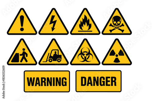 warning and dangersymbols vector set, showcasing high voltage alerts, flammable hazard signs, toxic labels, death and skull icons, radiation and forklift warnings,
