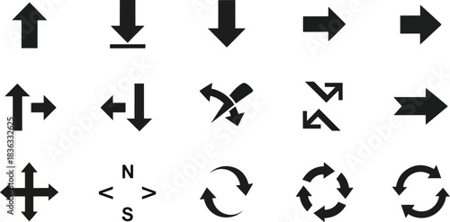 Set of Various Black Arrows Icons Up Down Left Right Diagonal Circular Arrows and Compass Symbols