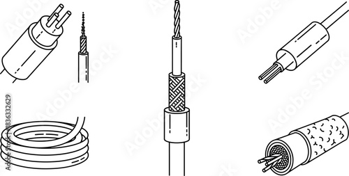 Set of various electrical cables and wires cut open to show internal structure including coaxial and fiber optic types