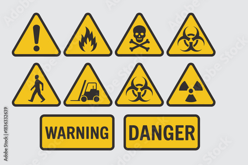 Warning sign set, vector icons featuring high voltage, flammable danger, toxic chemicals, death symbol, skull, radiation, and forklift hazards, suitable for industrial safety 