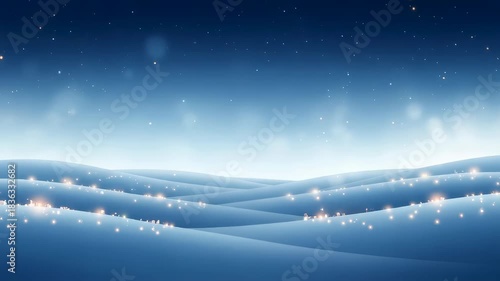 Blue snowy winter wonderland field with glowing light particles ascending. Abstract seasonal christmas background with sparkling bokeh animation.