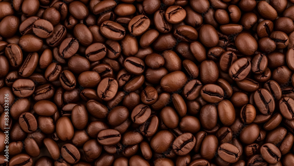 Obraz premium Close up macro view of roasted coffee beans showcasing their rich brown color and textured surface