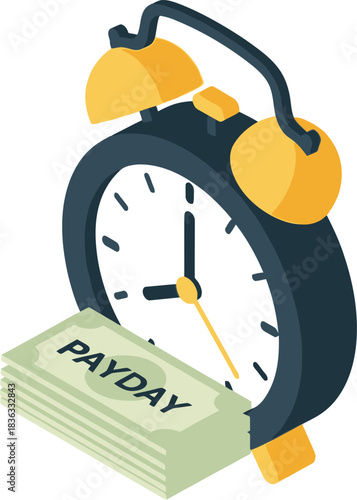 An alarm clock sits next to a stack of cash with the word "PAYDAY" printed on it, symbolizing the concept of receiving payment.