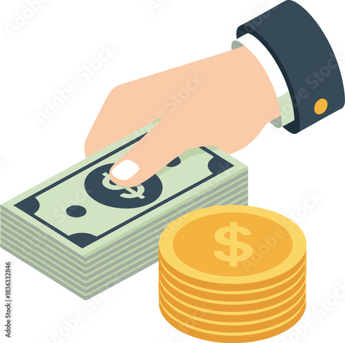 Isometric illustration of a businessman's hand holding a stack of dollar bills next to a pile of gold coins.