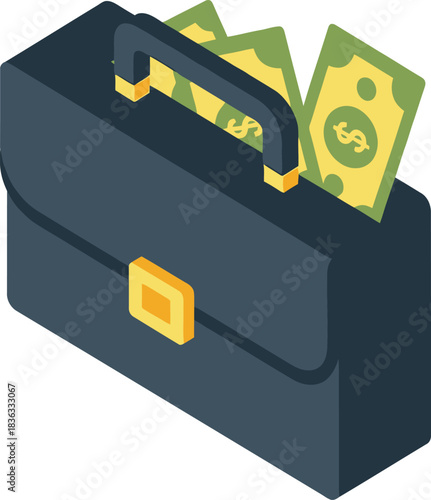 Isometric briefcase filled with money, symbolizing wealth and financial success.