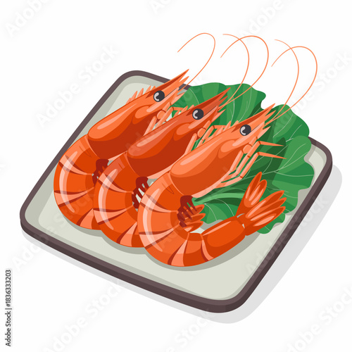 An appetizing plate featuring three perfectly cooked shrimp resting on a bed of greens, ideal for seafood lovers and showcasing culinary artistry.