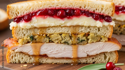 A delicious stacked thanksgiving leftover sandwich featuring turkey stuffing cranberry sauce and mashed potatoes