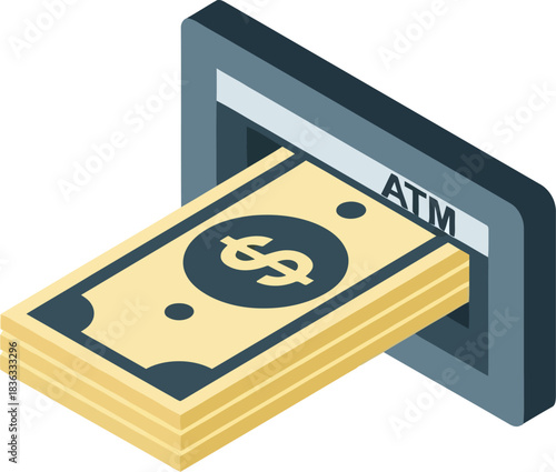 An isometric view of an ATM machine dispensing a stack of dollar bills, representing financial transactions.