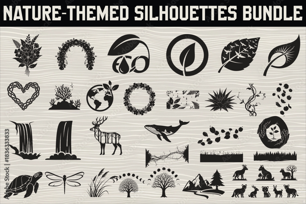 Fototapeta premium collection of nature-themed silhouettes featuring mountains, forests, wildlife, trees, and outdoor adventure elements