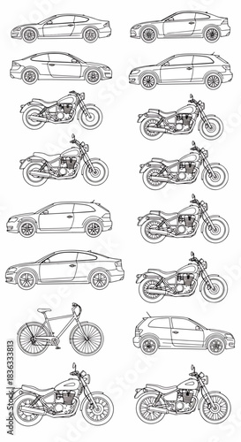 Collection of Outline Vector Graphics Featuring Cars, Motorcycles, and a Bicycle, Presented in a Clean Line Art Style