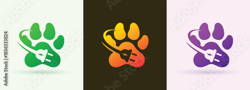 Paw print electric plug swoosh logo pet animal veterinary technology energy icon
