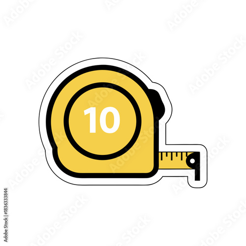 Yellow tape measure with white markings and black outline showing the number 10 inside a circle on a black background