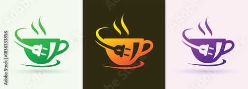 Tea cup electric plug swoosh logo cafe beverage energy technology modern brand icon
