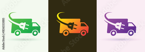 Delivery truck electric plug swoosh logo logistics courier energy technology fast icon

