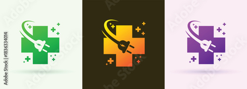 Medical cross electric plug swoosh logo healthcare clinic technology energy service brand icon
