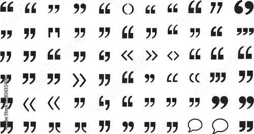 Collection of quotation marks punctuation symbols and speech bubble icons isolated on white background, typographic elements