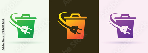 Trash bin electric plug swoosh logo recycling cleanup service energy technology brand icon
