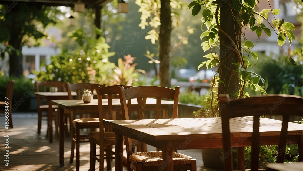 Obraz premium Outdoor cafe seating with greenery
