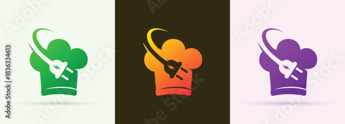 Chef hat electric plug swoosh logo restaurant kitchen cooking technology food service brand icon
