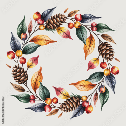 This stunning autumn wreath is adorned with vibrant leaves and pinecones, capturing the essence of fall's beauty, warmth, and seasonal transitions that fill hearts with nostalgia.