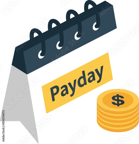 A calendar with a "Payday" reminder and a stack of dollar coins, symbolizing income and financial planning.