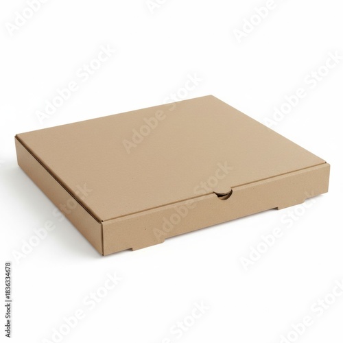 Square brown corrugated cardboard pizza box for delivery packaging on white background