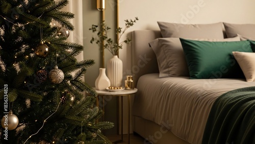 Cozy bedroom decorated for christmas with a decorated tree and festive bedding