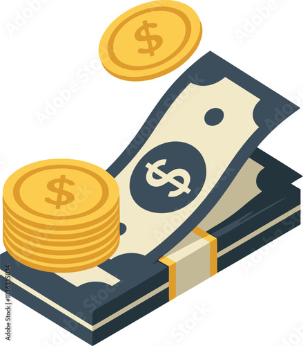 Illustration of money, including coins and paper currency, representing wealth and financial transactions.