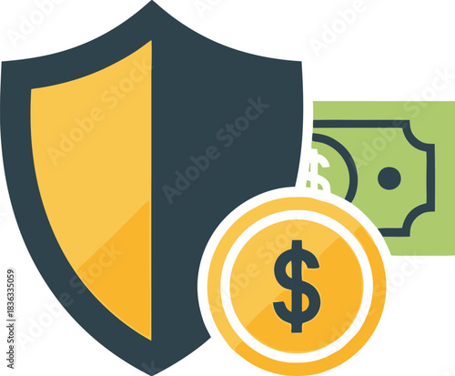 Financial security concept with shield, dollar coin and banknote, symbolizing protection and investment.