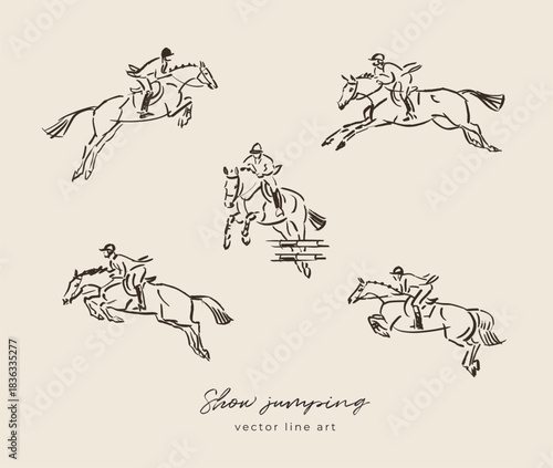 Horse sport line art illustrations, horse and rider, show jumping hand drawn scenes