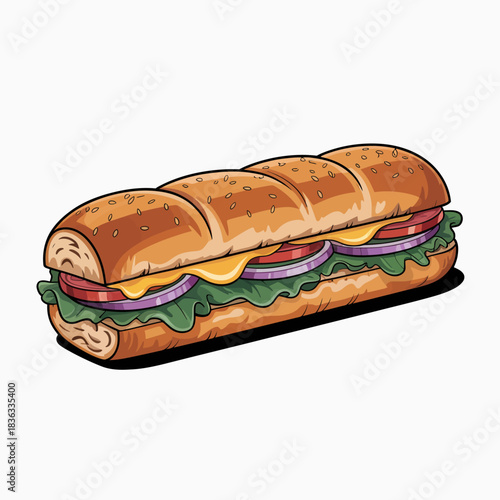 An appetizing and colorful illustration of a sub sandwich stacked high with fresh vegetables, cheeses, and meats, ready to be enjoyed, perfect for food lovers.