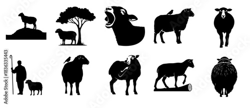 Assortment of Sheep and Shepherd Silhouettes lamb