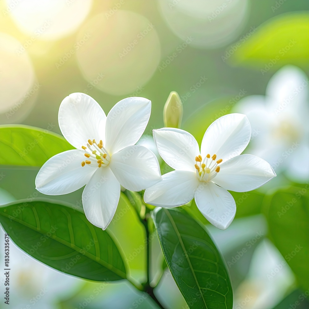 Obraz premium Two delicate white flowers, star-shaped, bloom against a soft, sunlit background