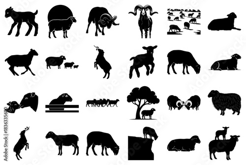 Collection of Sheep and Lamb Silhouettes in Various Poses