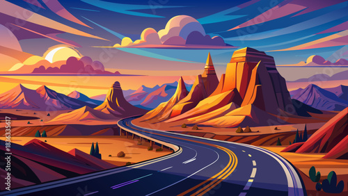 Very beautiful panoramic scene of a winding mountain-ridge highway through a vast desert, glowing beneath a colorful sunset sky, capturing the serene atmosphere of iconic Route 12 in Utah, United Stat