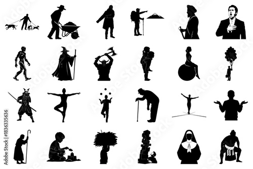 Collection of Silhouetted Figures Engaged in Various Activities Keywords: silhouette, man, woman