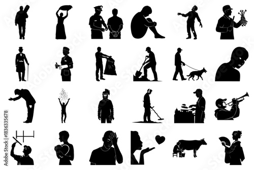 Collection of Silhouetted Figures in Various Roles and Emotions Keywords: silhouette, person