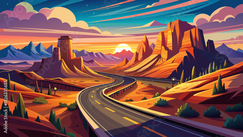 Very beautiful panoramic scene of a winding mountain-ridge highway through a vast desert, glowing beneath a colorful sunset sky, capturing the serene atmosphere of iconic Route 12 in Utah, United Stat