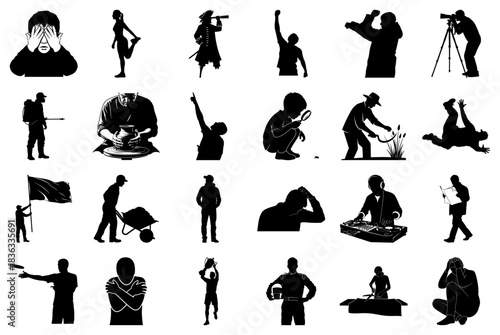 Collection of Silhouetted Human Activities and Professions Keywords: silhouette, man, woman
