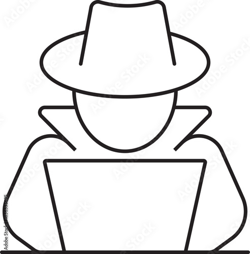 Line art icon of an anonymous person in a fedora hat and trench coat using a laptop computer.