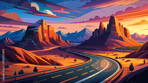 Very beautiful panoramic scene of a winding mountain-ridge highway through a vast desert, glowing beneath a colorful sunset sky, capturing the serene atmosphere of iconic Route 12 in Utah, United Stat