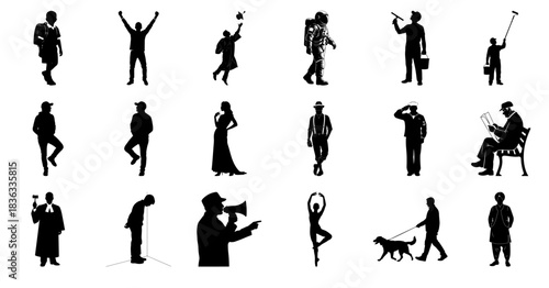 Collection of Silhouettes Representing Professions and Hobbies Keywords: silhouette, people, man