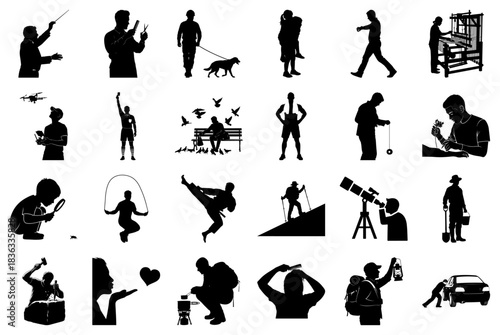 Collection of Silhouettes Showing People in Various Activities and Hobbies Keywords: silhouette