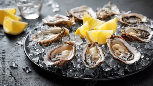 A plate of fresh oysters on ice with lemon wedges, placed on a dark, textured surface with a dark background.
