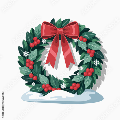 A traditional green Christmas wreath decorated with a red bow and festive berries, ideal for holiday decorations and invitations to celebrate the joyous season.