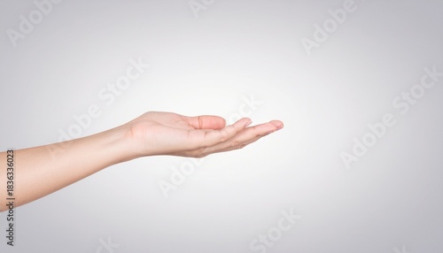 Close-up of a white-skinned woman's open palm, facing up in a presentation or holding gesture, isolated on a light gray gradient background with ample copy space.